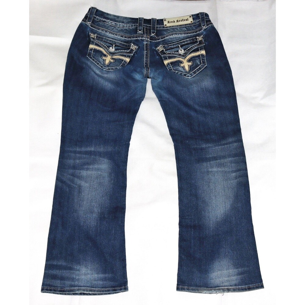 Rock Revival Leah Easy Boot Cut‎ Jeans Womens 30 Blue Denim Distressed Low Rise